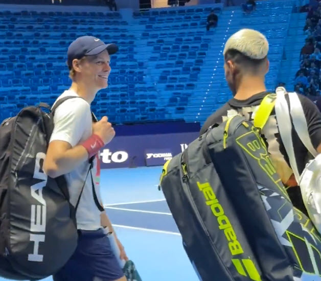 Jannik Sinner And Carlos Alcaraz Before Training In Turin