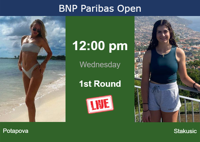 How to watch Potapova vs. Stakusic on live streaming in Indian Wells on Wednesday Wednesday Live Streaming Anastasia Potapova vs Marina Stakusic