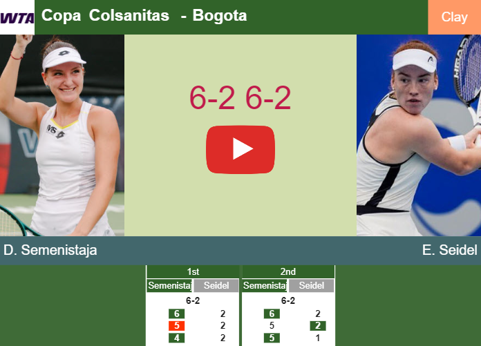 Relentless Darja Semenistaja breezes past Seidel in the 1st round to set up a clash vs Papamichail. HIGHLIGHTS – BOGOTA RESULTS Prediction-and-head-to-head-Darja-Semenistaja-vs-Ella-Seidel