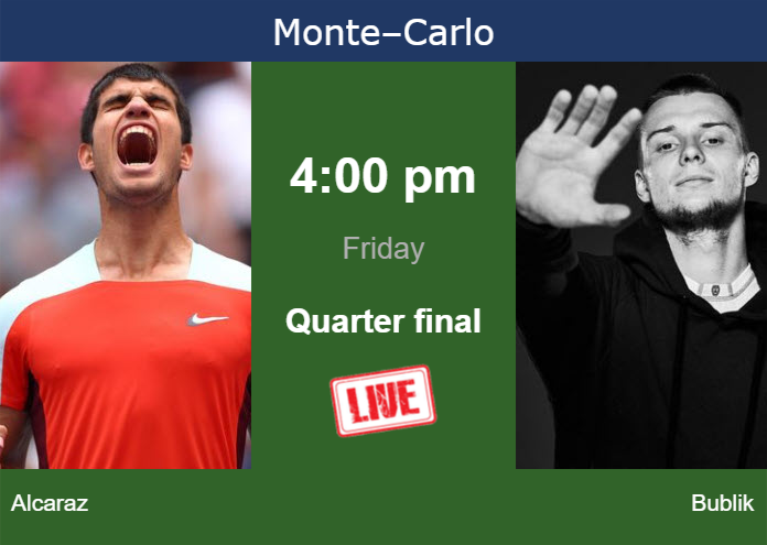 How to watch Alcaraz vs. Bublik on live streaming in Monte-Carlo on Friday Thursday Live Streaming Carlos Alcaraz vs Alexander Bublik