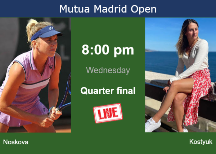 How to watch Noskova vs. Kostyuk on live streaming in Madrid on Wednesday Tuesday Live Streaming Linda Noskova vs Marta Kostyuk