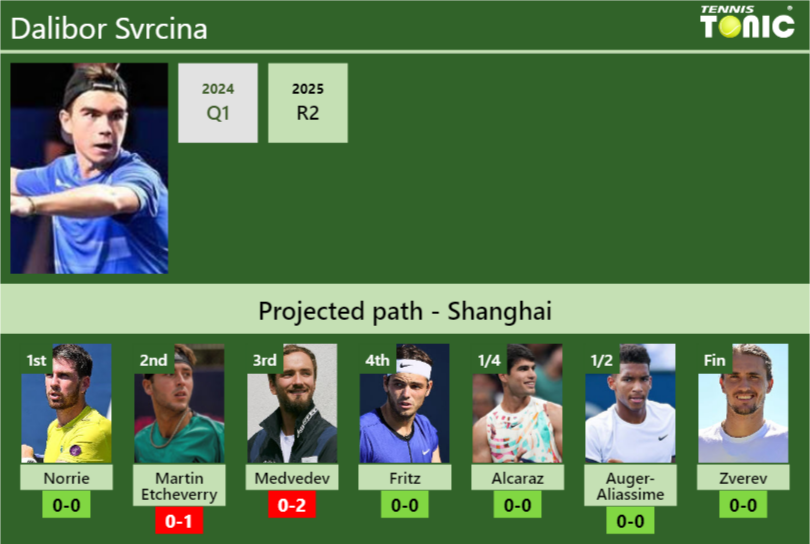 SHANGHAI DRAW. Dalibor Svrcina’s prediction with Norrie next. H2H and rankings Dalibor Svrcina Stats info