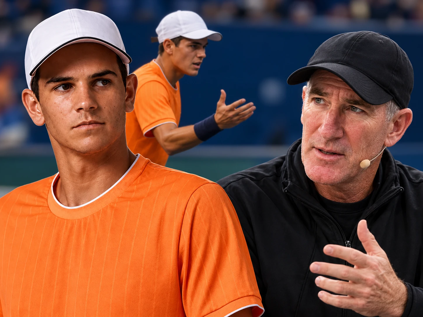 Editorial illustration of Rafael Jodar and Brad Gilbert discussing sporting conduct