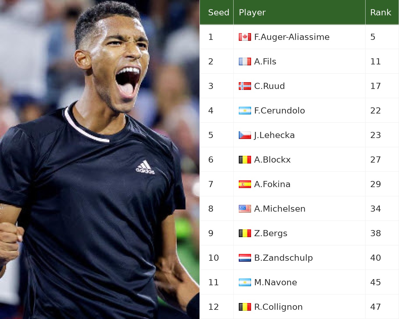 ATP BRUSSELS ENTRY LIST. Auger-Aliassime, Fils, Ruud, Cerundolo the top seeds in the main draw Felix Auger-Aliassime and tournament seed/entry ranking table